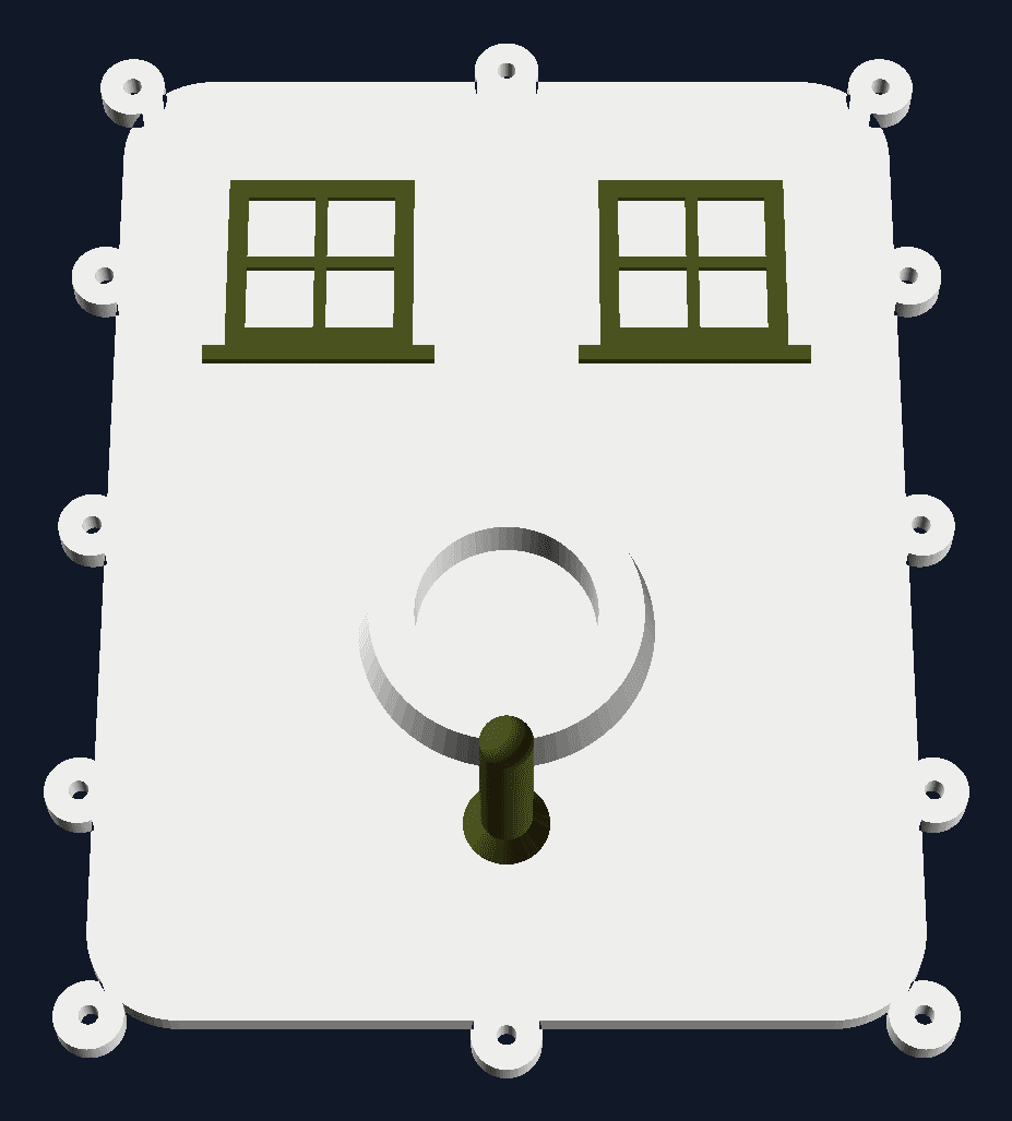 Drawing of the bird-house front: a white lid with two windows and a perch in army green