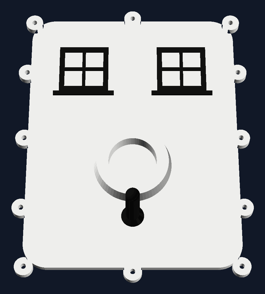 Drawing of the bird-house front: a white lid with two windows and a perch in black