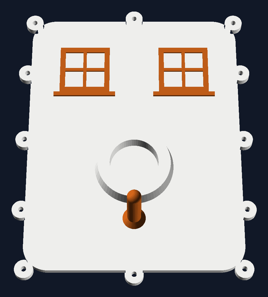 Drawing of the bird-house front: a white lid with two windows and a perch in copper