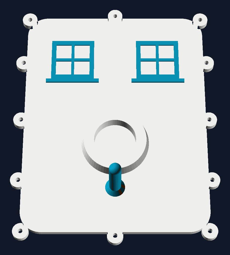 Drawing of the bird-house front: a white lid with two windows and a perch in cyan