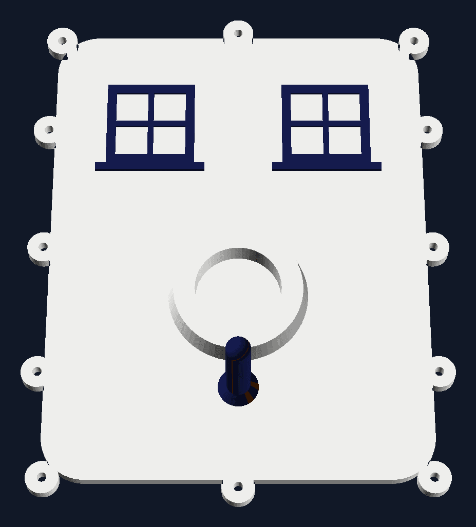 Drawing of the bird-house front: a white lid with two windows and a perch in navy