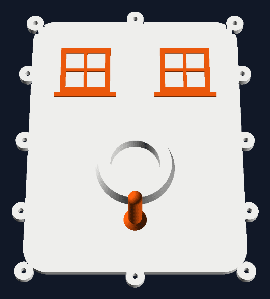 Drawing of the bird-house front: a white lid with two windows and a perch in orange
