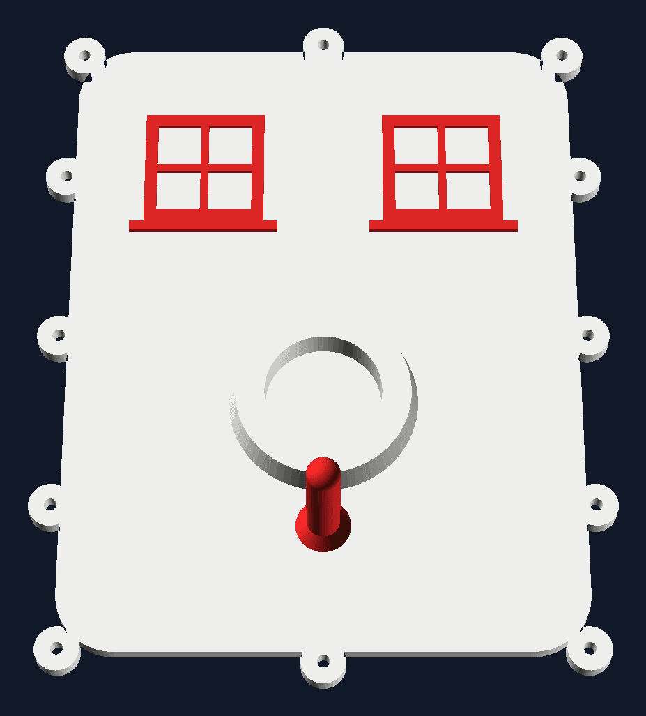 Drawing of the bird-house front: a white lid with two windows and a perch in red