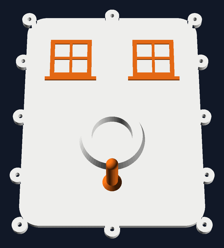 Drawing of the bird-house front: a white lid with two orange windows and a perch