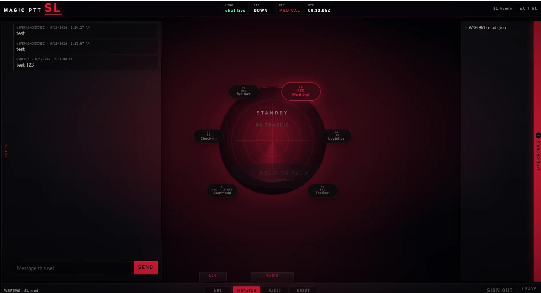 Magic PTT SL dispatch console — six emergency nets on one dial with a moderated floor