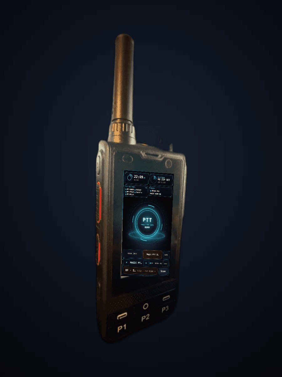 Duo, an Anysecu W6, running Magic PTT with its UHF channel on screen