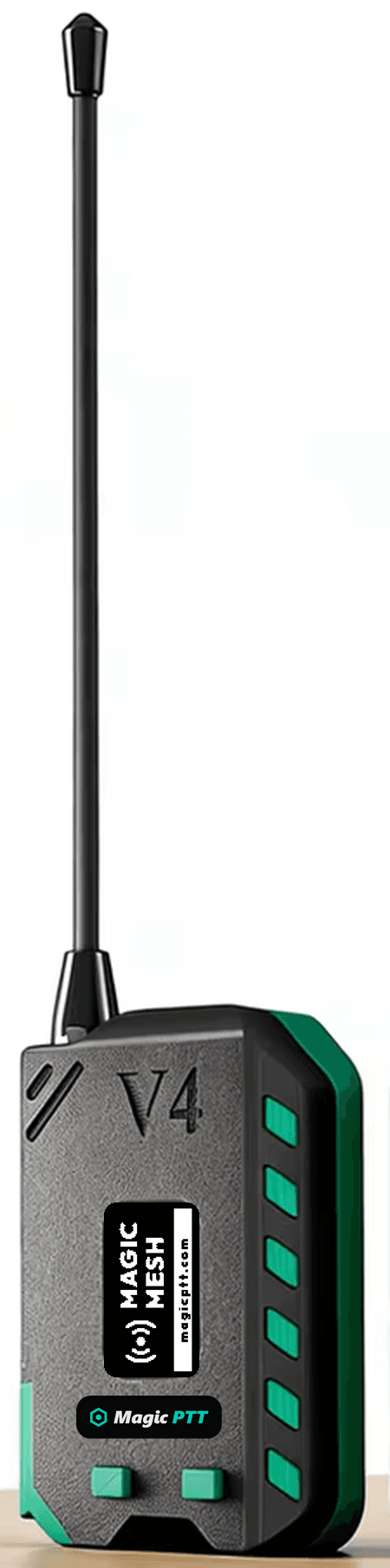 A Magic Mesh radio in the stock case with the Magic PTT sticker