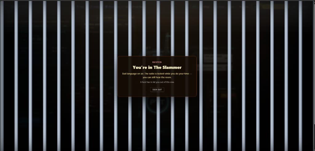 You’re in The Slammer overlay — BUSTED with jail bars across the radio
